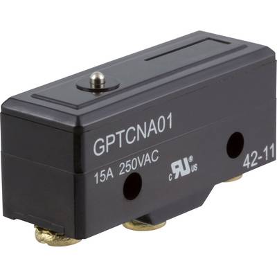 Černý mikrospínač s nápisem 'GPTCNA01 15A 250VAC'. Vhodný pro 15 ampérů a 250 voltů střídavého proudu.