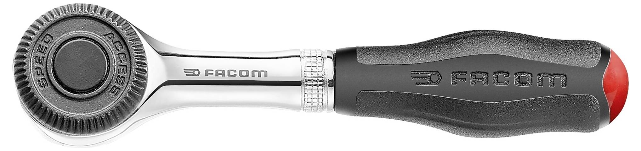 Ráčna 'Facom' s ergonomickou rukojetí a červeným akcentem na konci. Ideální pro přesné mechanické práce.