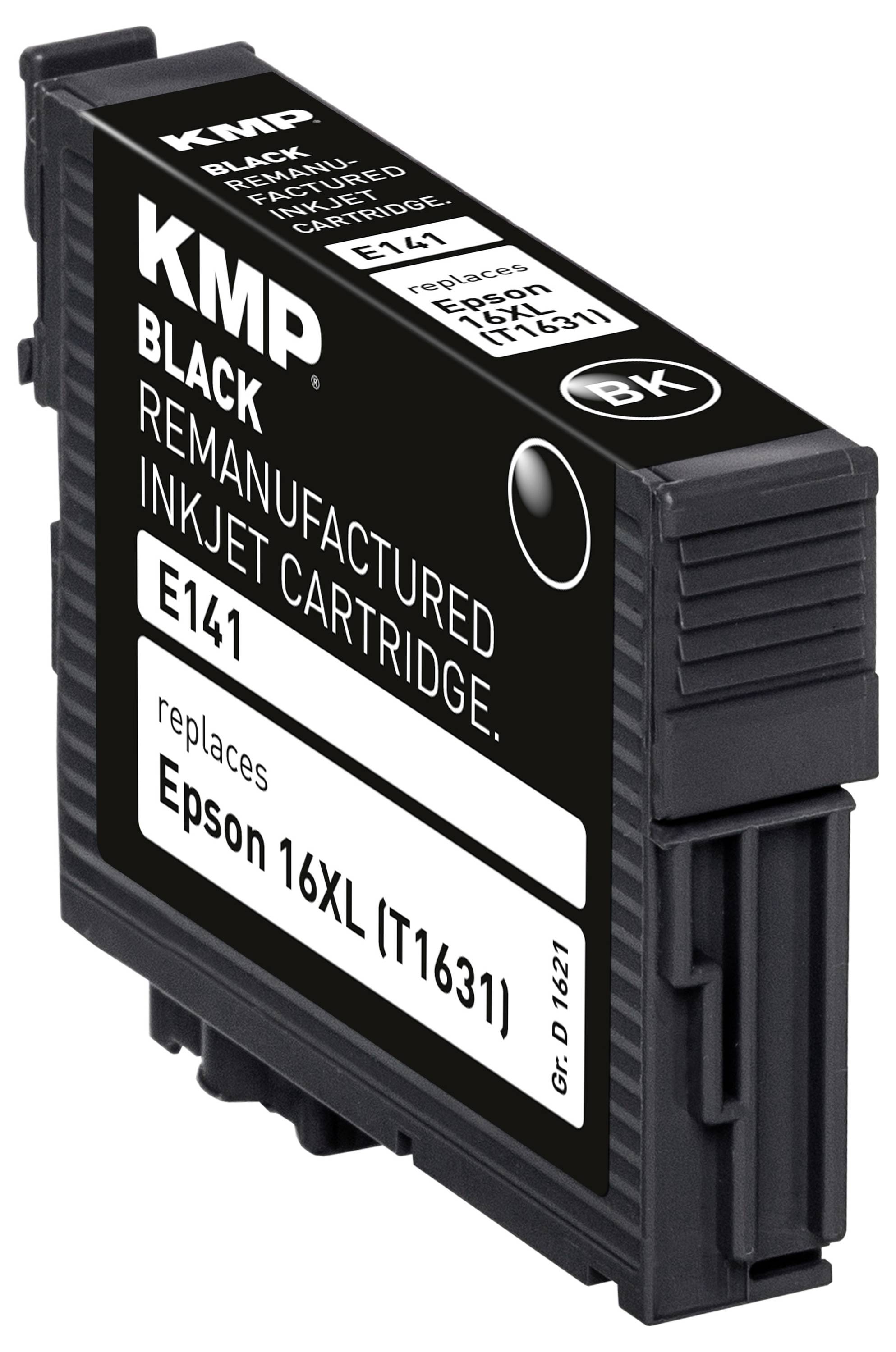Černá inkoustová kazeta označená 'KMP', 'Repasovaná inkoustová kazeta', kompatibilní s 'Epson 16XL (T1631)'.