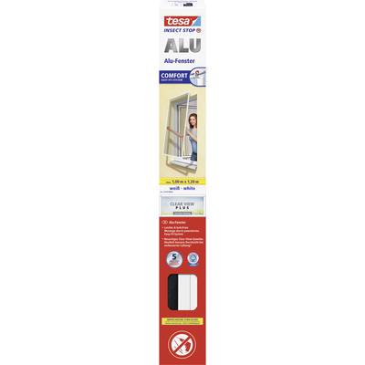 Tesa Insect Stop: Hliníková síť do oken Comfort, bílá. Obrázek zobrazuje ženu, která instaluje síť proti hmyzu na okenní rám.
