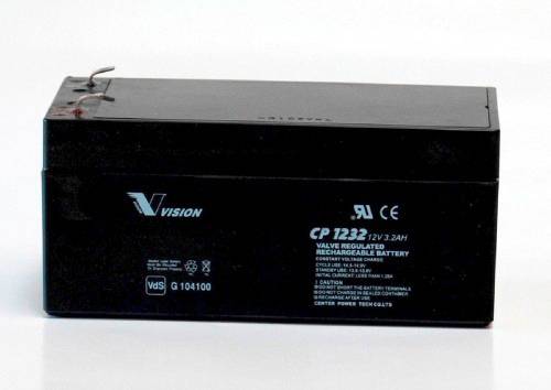 Černý, obdélníkový 12V olověný akumulátor značky Vision, model CP1232, s vytištěnými technickými specifikacemi a certifikacemi.