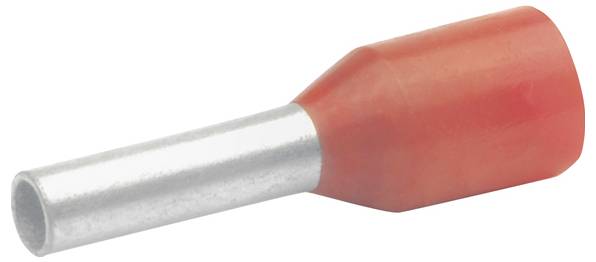 Červená izolační průchodka se stříbrnou kovovou trubicí, používaná pro připojování elektrickým vodičů.
