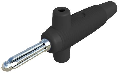 Černý banánkový konektor s kovovým kontaktním kolíkem a dvěma plastovými rukojeti, používaný pro elektrické propojení.