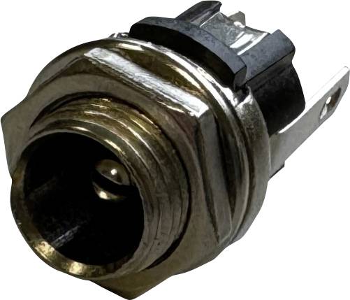 Elektronická zásuvka z kovu a plastu s kulatým otvorem, používaná pro audio nebo video připojení.