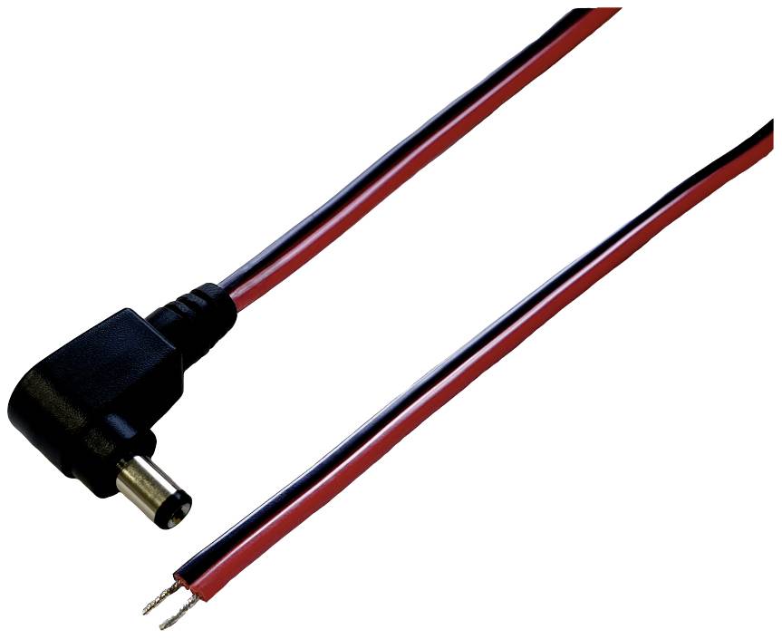 Černočervený síťový kabel se sejmutou izolací na koncích a úhlovým konektorem, vhodný pro elektrické připojení.