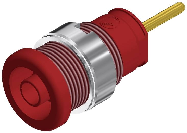 Červený elektrický tlakový spínač s kovovým závitem a žlutým kolíkem, vhodný pro technické aplikace.