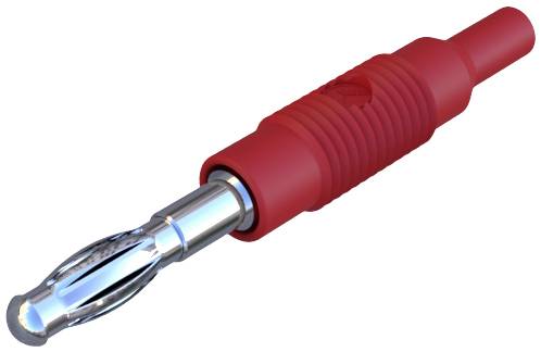 Červený banánkový konektor s kovovým kontaktem, často používaný v elektronických aplikacích pro bezpečné elektrické propojení.