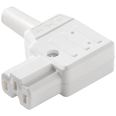 Bílý elektrický síťový adaptér se třemi otvory a kulatou zástrčkou vpředu.