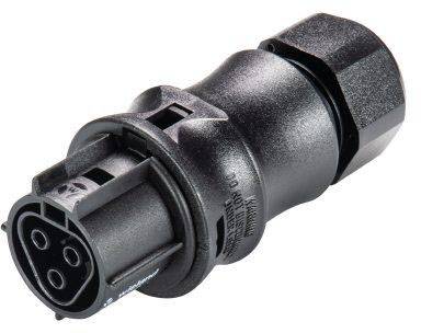 Černý válcový konektor s více otvory na jedné straně, vhodný pro průmyslové nebo elektronické aplikace.