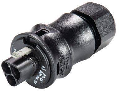 Černošedý připojovací konektor se dvěma sloty a uzamykacím mechanismem, technicky a průmyslově navržený.