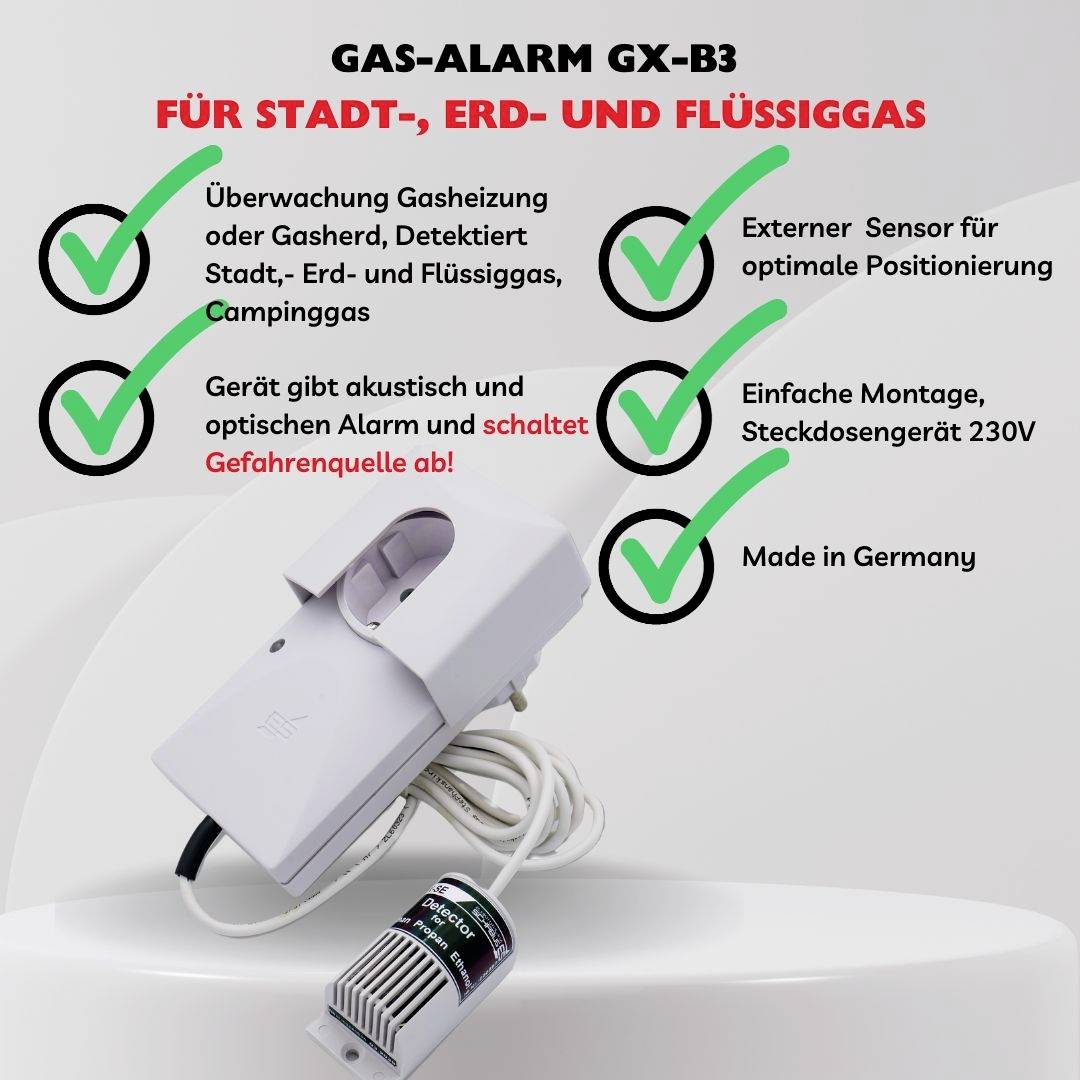 Plynový alarm GX-B3 pro městský, zemní a kapalný plyn s monitorováním, akustickým a optickým alarmem. Snadná montáž, 230V.