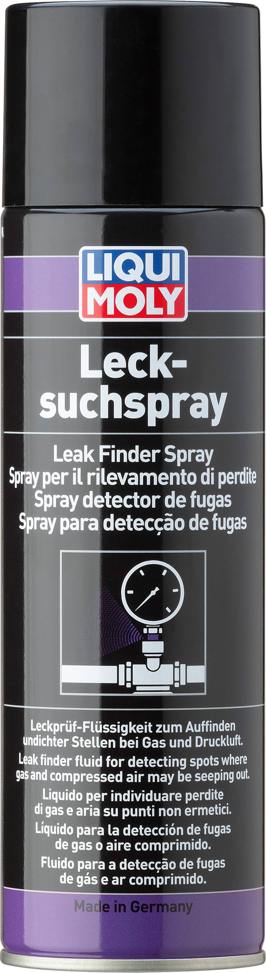 Sprej 'Liqui Moly Lecksuchspray' pro detekci netěsností, černý sprej s fialovým štítkem. Text v několika jazycích.