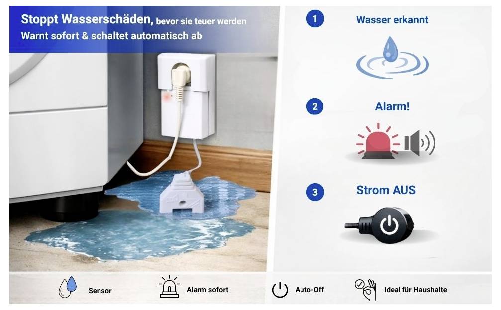 Německá reklama na detektor úniku vody: detekuje vodu, spouští alarm a automaticky vypíná proud, aby se zabránilo poškození.