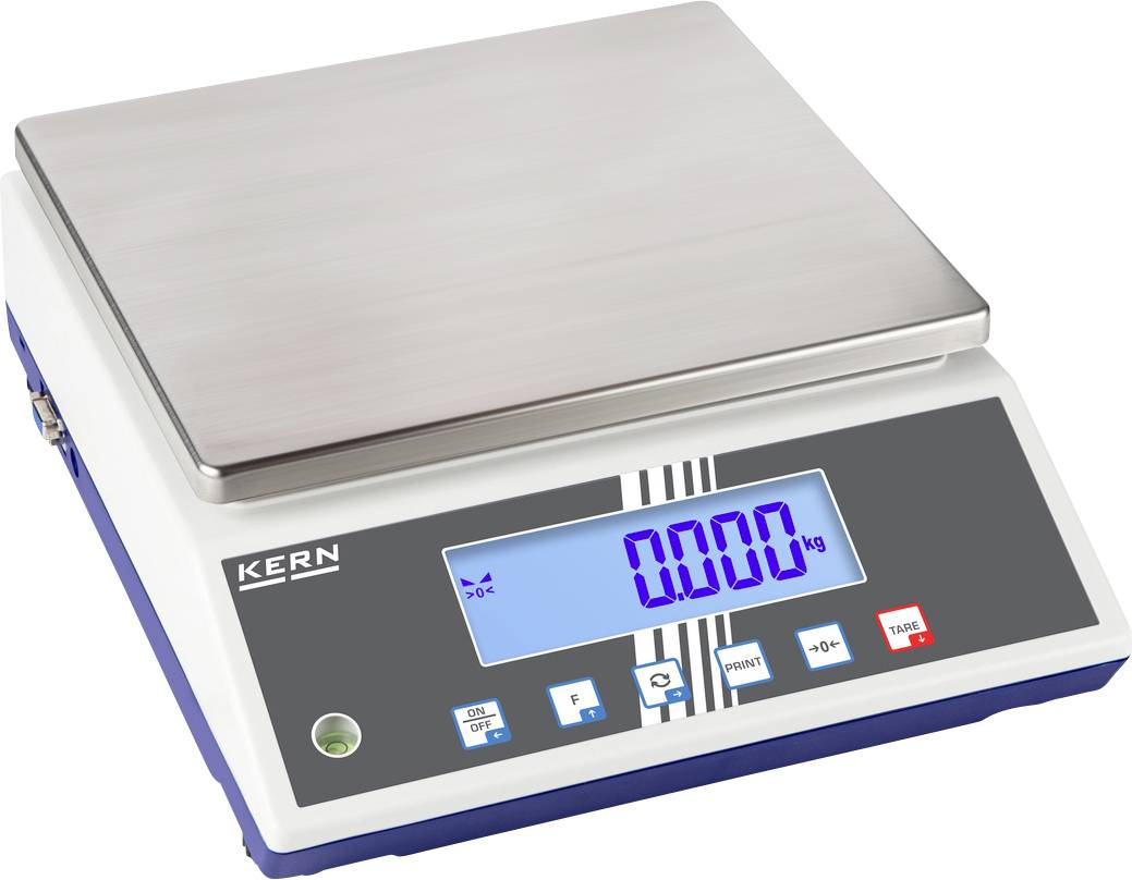 Digitální kuchyňská váha s kovovým povrchem a LCD displejem zobrazujícím '0.00 kg'. Název značky vpravo nahoře, modré tělo přístroje.