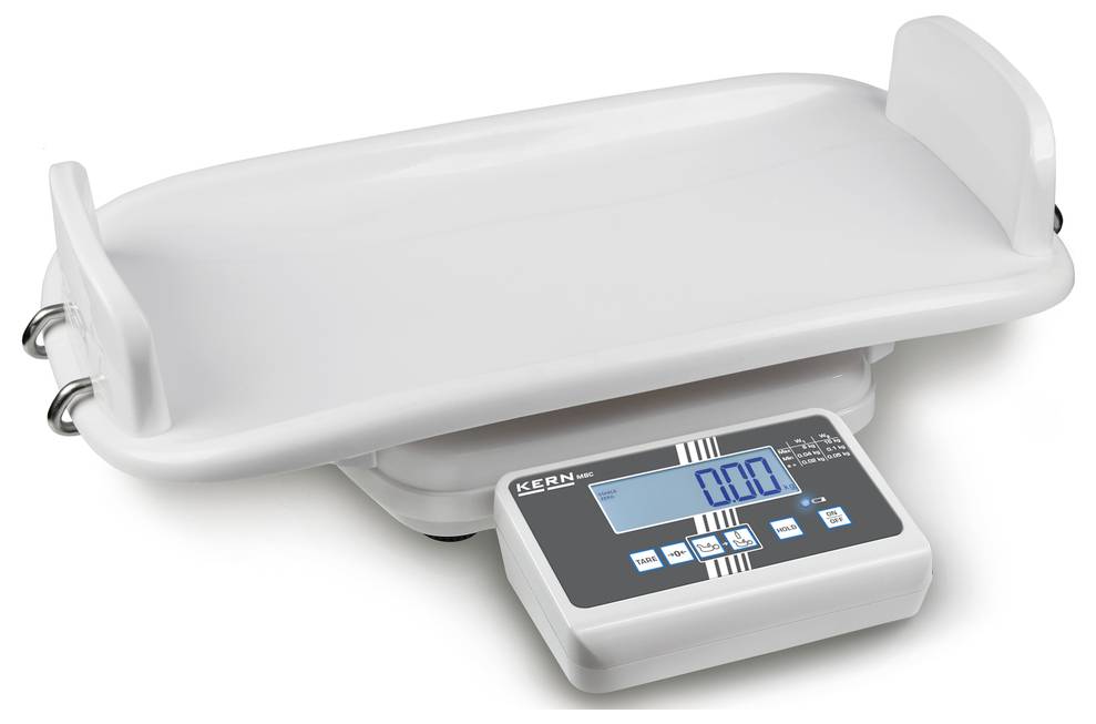 Digitální kojenecká váha s velkou bílou mísou a modře podsvíceným displejem, který zobrazuje '0,00' kg. Ideální pro vážení miminek.