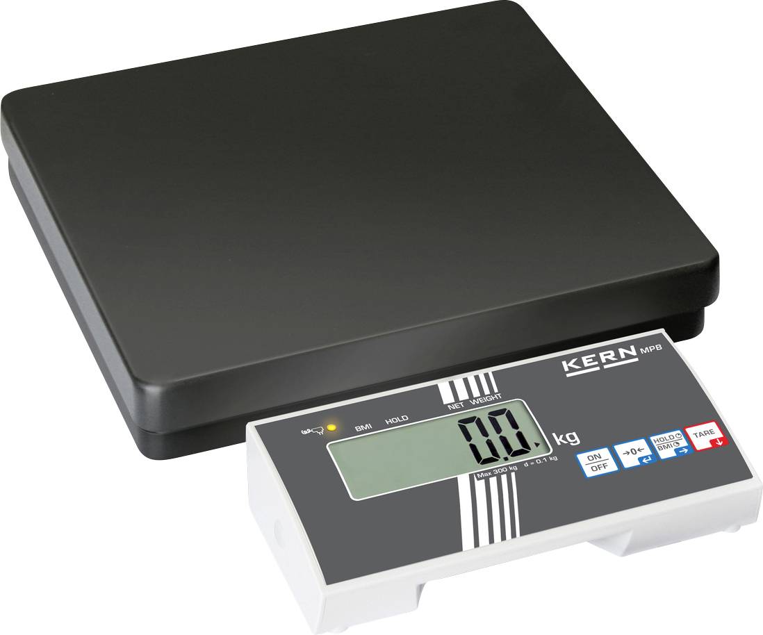 Digitální váha od Kernu s velkým displejem a tlačítky, zobrazuje '0,0 kg'. Vhodná pro přesné vážení.