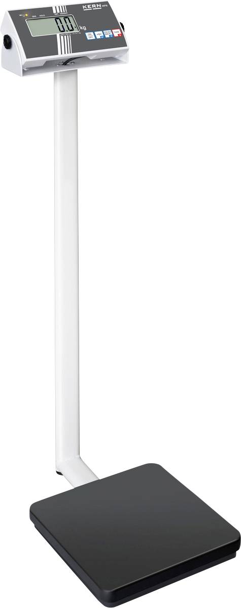 Digitální osobní váha se stojanem, černou platformou a displejem. Zobrazení hmotnosti v kilogramech, tlačítka ovládacího panelu.