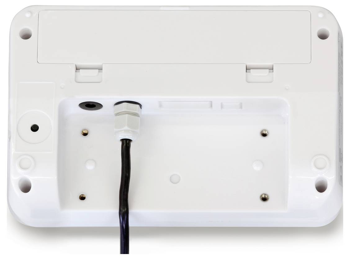 Bílý obdélníkový zadní panel elektronického zařízení s kabelovým konektorem a několika upevňovacími body.