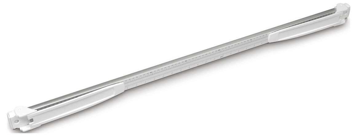 Dlouhé, průhledné pravítko s bílými úchyty a značkami v centimetrech a palcích.