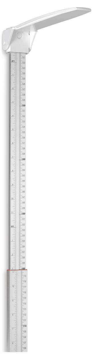 Stadiometr pro měření tělesné výšky, zobrazuje stupnici v centimetrech a palcích, s pohyblivou horní částí pro snadné měření.