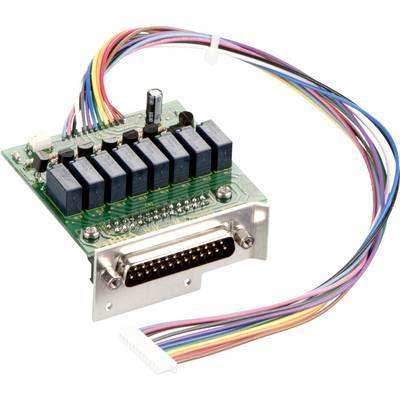 Elektronický obvod s několika relé a vícebarevným kabelovým svazkem, propojený 25-pinovým D-Sub konektorem.