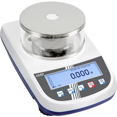 Elektronická váha s digitálním displejem, zobrazující hmotnost v gramech. Bílé a modré pouzdro se stříbrnou vážicí plochou.