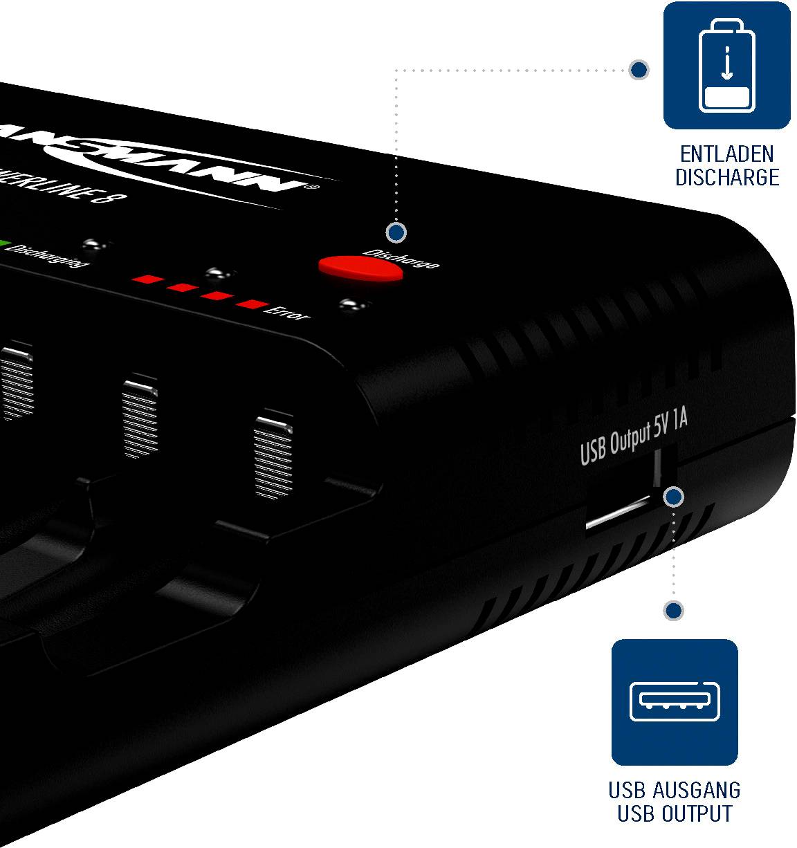 Nabíječka s USB výstupem (5V 1A) a funkcí vybíjení. Dva modré symboly ukazují připojovací body pro 'vybíjení' a 'USB výstup'.