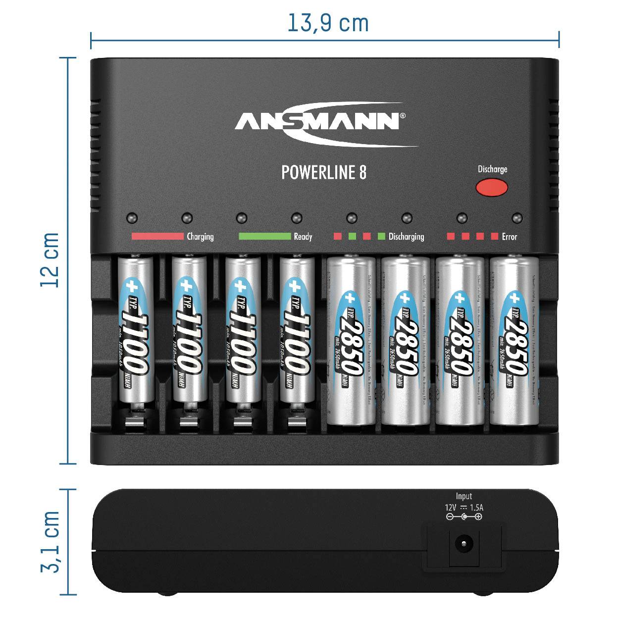 Nabíječka baterií 'Ansmann Powerline 8' s osmi nabíjecími místy, zobrazuje stavy nabití pro baterie AA/AAA. Rozměry: 13,9 cm x 12 cm.