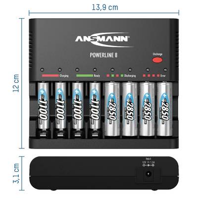 Nabíječka baterií 'Ansmann Powerline 8' s osmi nabíjecími místy, zobrazuje stavy nabití pro baterie AA/AAA. Rozměry: 13,9 cm x 12 cm.