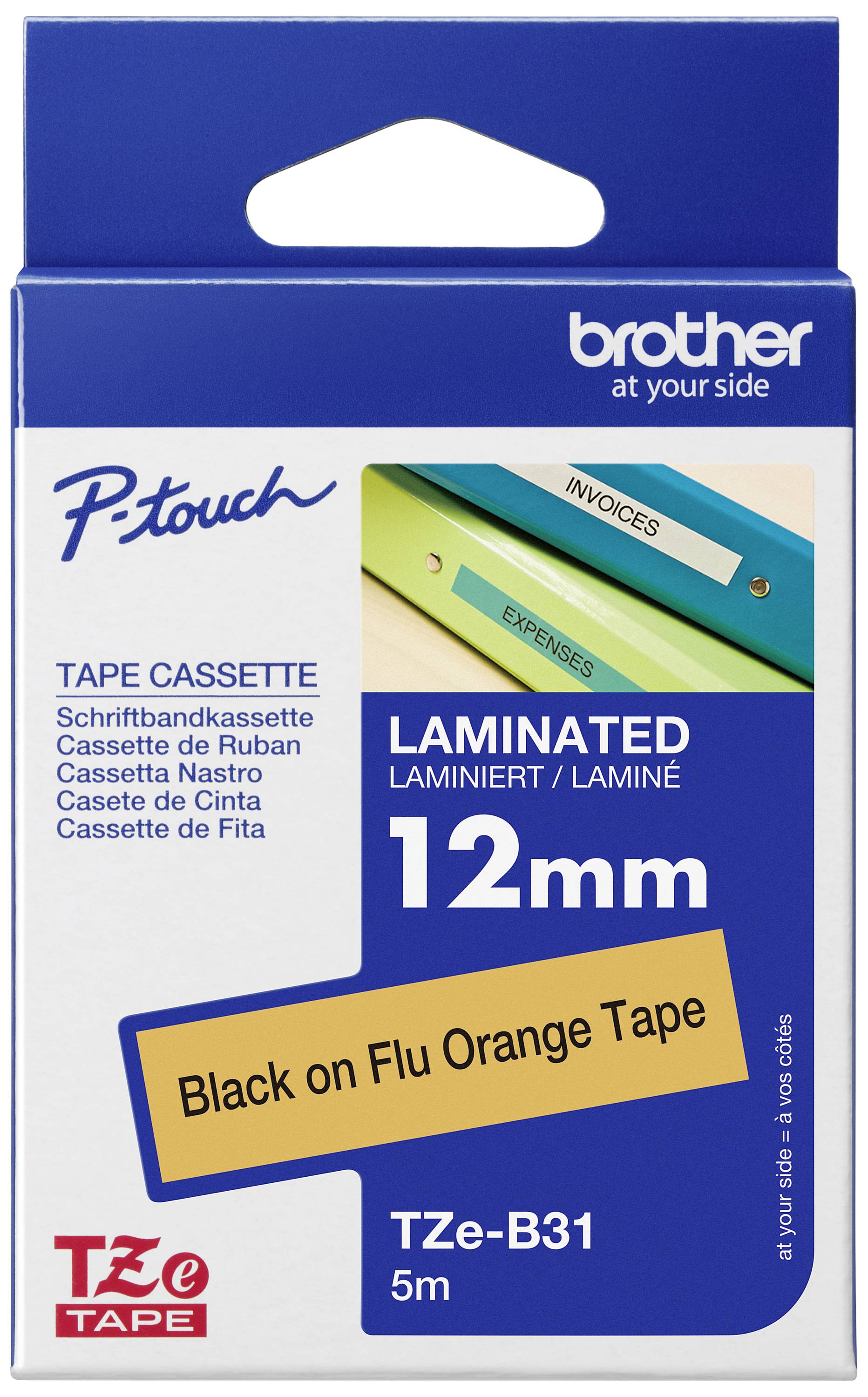 Obal kazety se štítkovací páskou 'Brother P-Touch TZe-B31', 12 mm laminovaná, černá na fluorescenčně oranžovém podkladu, délka 5 m.