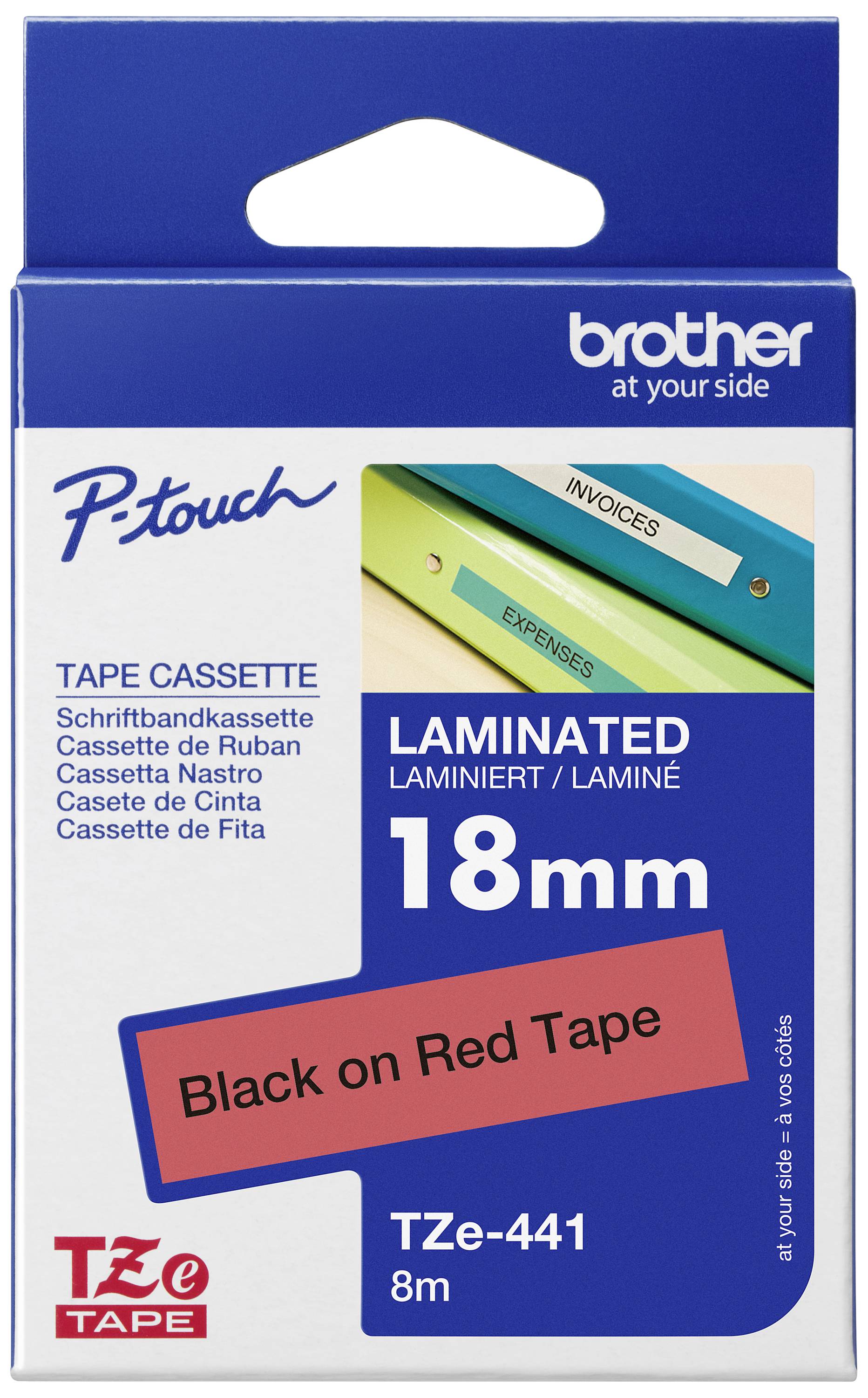 'TZe-441 páska Brother: 18mm laminovaná, černý tisk na červeném podkladu, délka 8 m, vhodná pro štítky.'