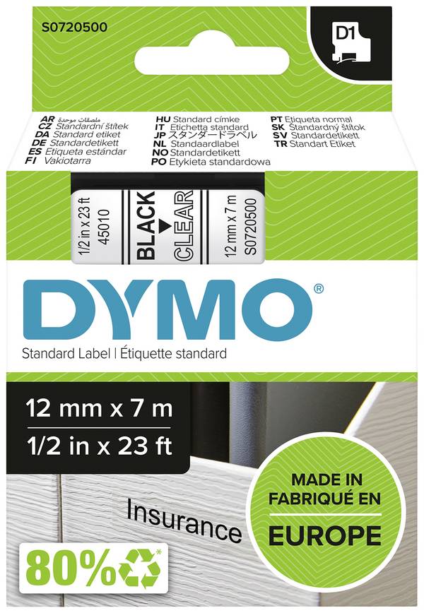 etikety DYMO D1 45010 polyester Barva pásky: transparentní Barva písma:černá 12 mm 7 m