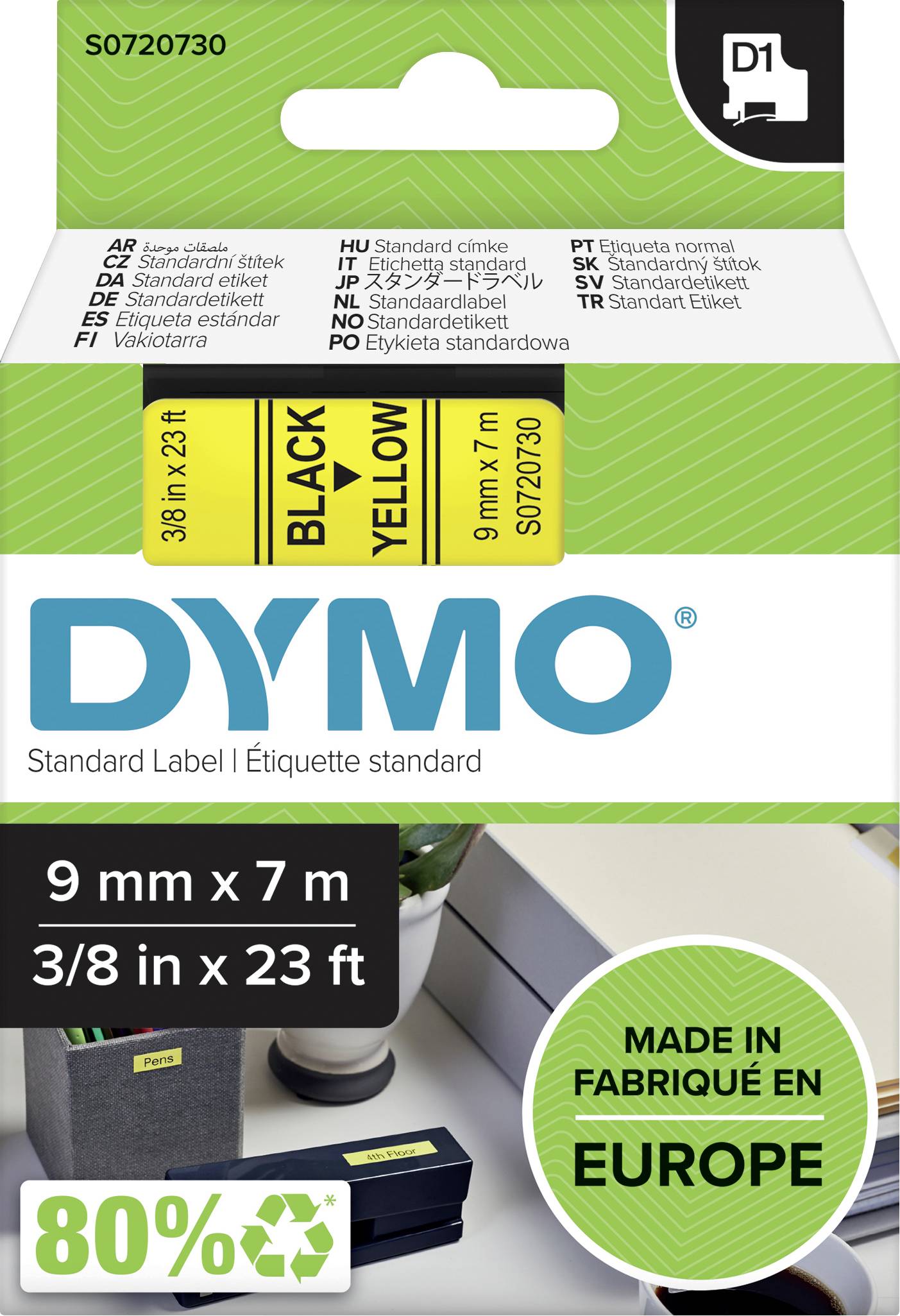 Etikety Dymo v balení s vícejazyčnými informacemi, velikost štítků 9 mm x 7 m, černý tisk na žlutém podkladu, vyrobeno v Evropě.