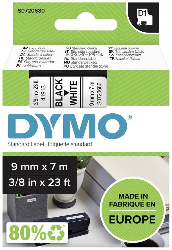 etikety DYMO D1 40913 polyester Barva pásky: bílá Barva písma:černá 9 mm 7 m