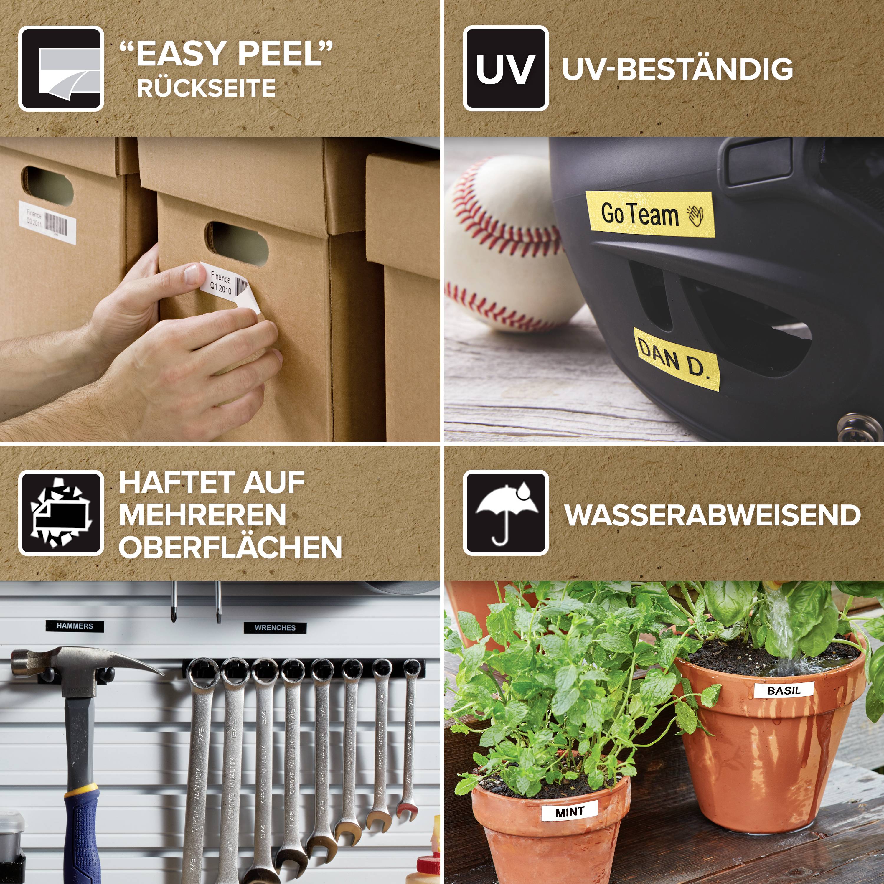 Zadní strana 'Easy Peel' pro snadnou manipulaci; odolná vůči UV záření a vodě; přilne k hrubým povrchům; ideální pro zahradní štítky.