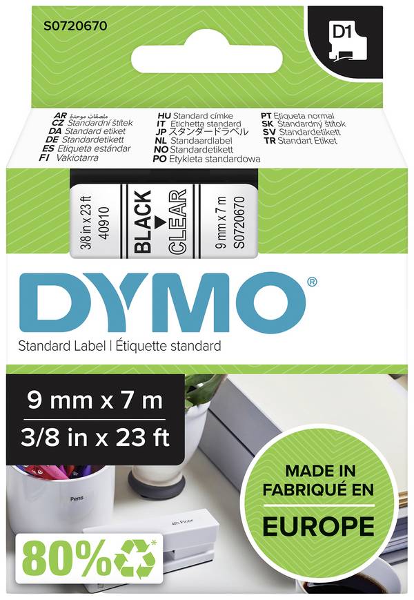 etikety DYMO D1 40910 polyester Barva pásky: transparentní Barva písma:černá 9 mm 7 m