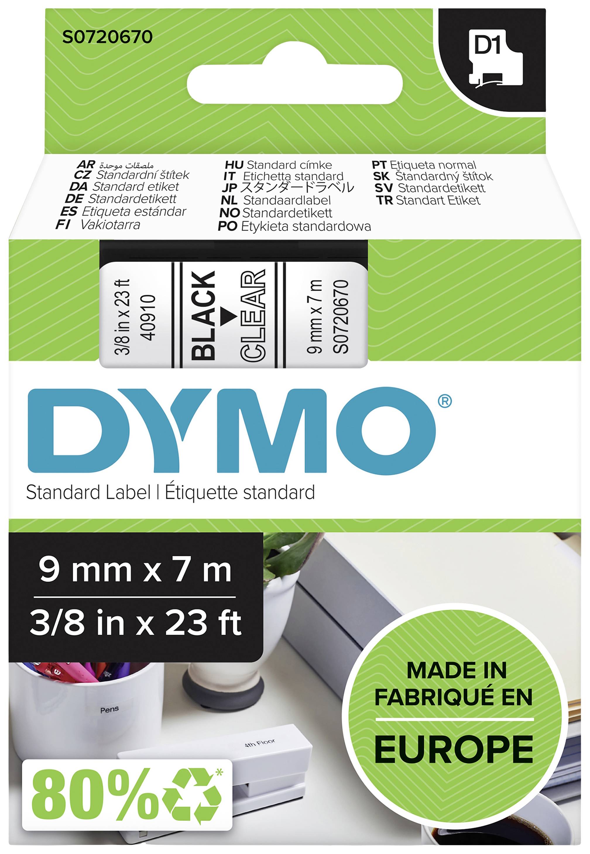 Štítek DYMO Standard Label, obsahuje černý tisk na průhledném pozadí, 9 mm x 7 m, vyrobeno v Evropě.