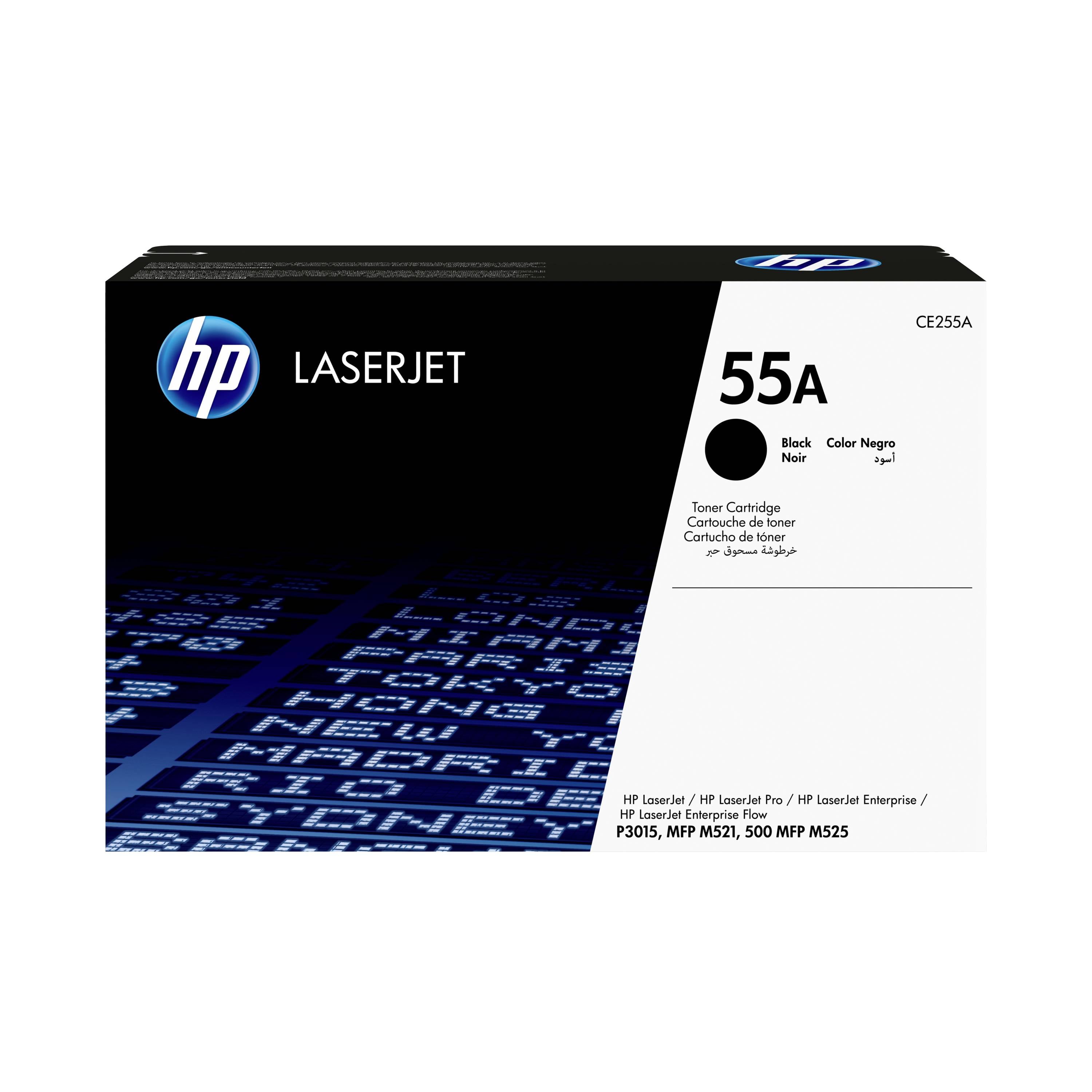 Krabice toner kazety HP LaserJet 55A černá, označená CE255A pro tiskárny HP LaserJet.