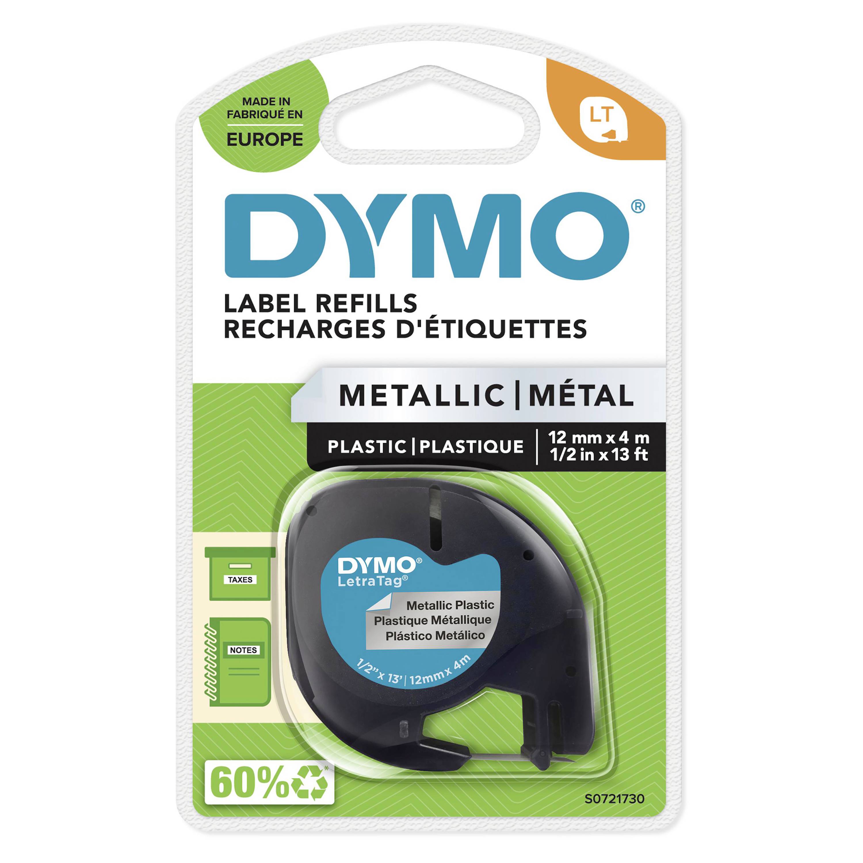 Náhradní etikety DYMO z kovového plastu, 12 mm x 4 m. Vyrobeno v Evropě. Obal znázorňuje roli v zařízení.