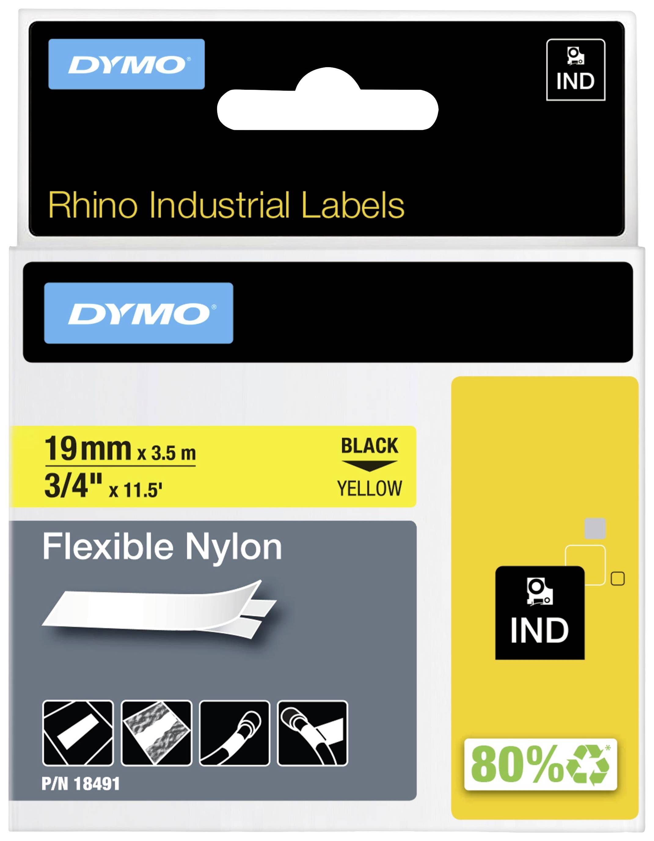 Etikety Dymo Rhino Industrial, rozměr 19 mm x 3,5 m, černý text na žlutém pozadí. Vyrobeno z pružného nylonu.