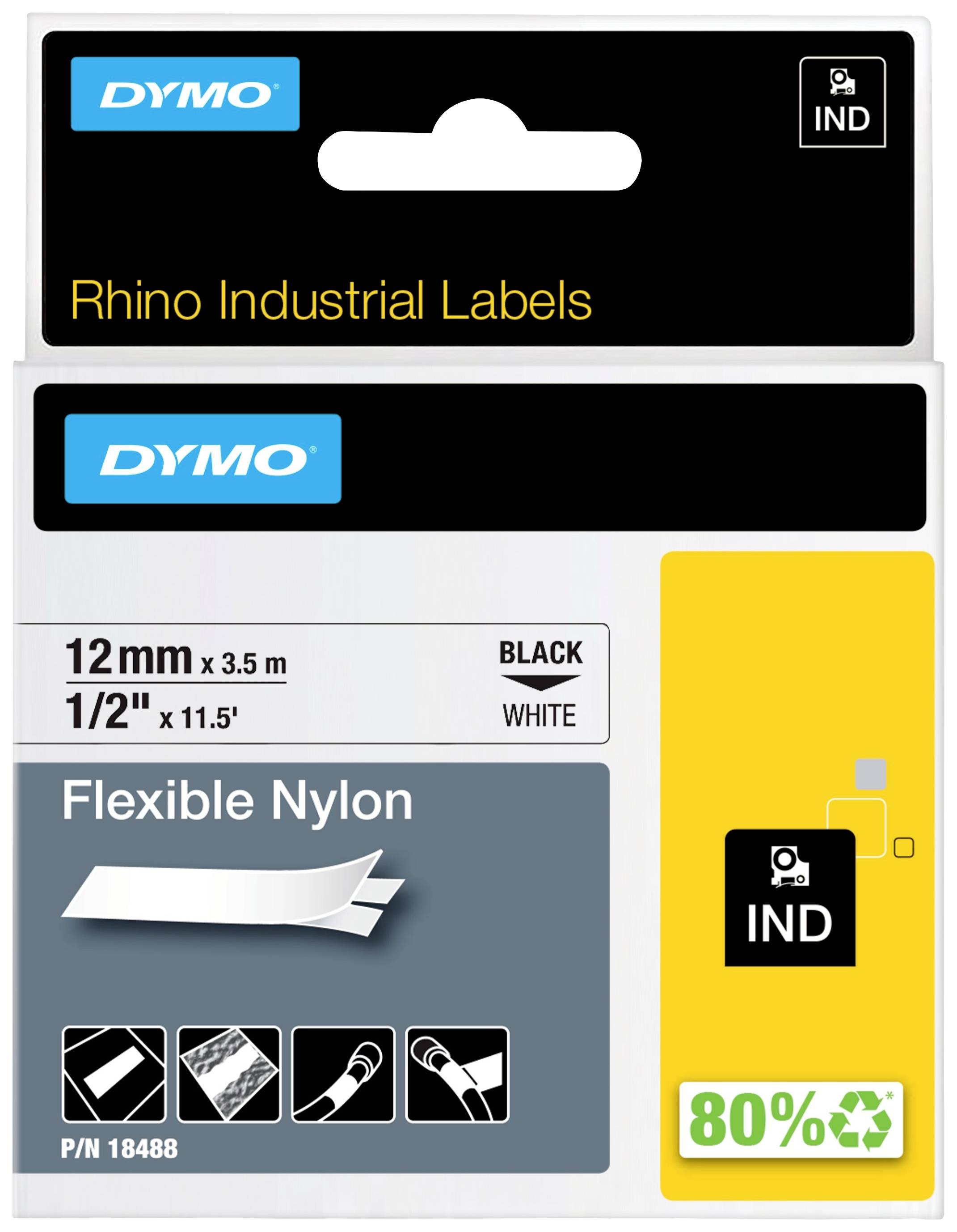 Obal štítků DYMO Rhino Industrial Labels. Obsahuje černé flexibilní nylonové pásky 12mm x 3,5m. Poznámka o 80% podílu recyklovaného materiálu.
