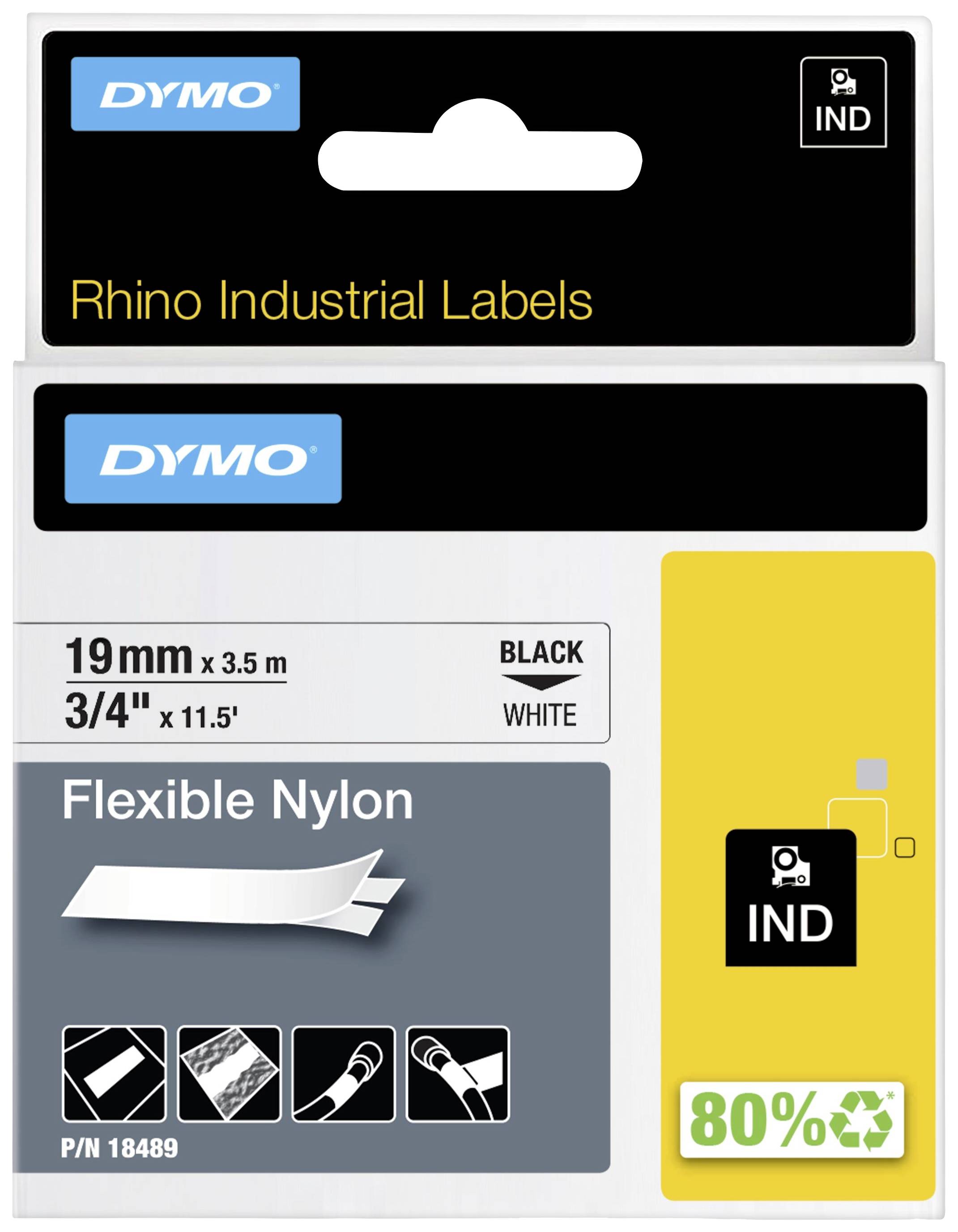 Obal štítků DYMO Rhino Industrial Labels. Detaily: 19 mm x 3,5 m, flexibilní nylon, černá barva na bílém podkladu, 80% recyklovaný materiál.