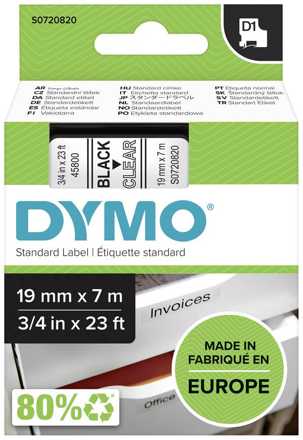 etikety DYMO D1 45800 Barva pásky: transparentní Barva písma:černá 19 mm 7 m