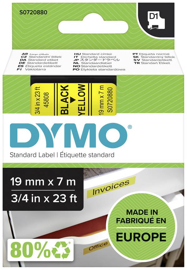 etikety DYMO D1 45808 polyester Barva pásky: žlutá Barva písma:černá 19 mm 7 m
