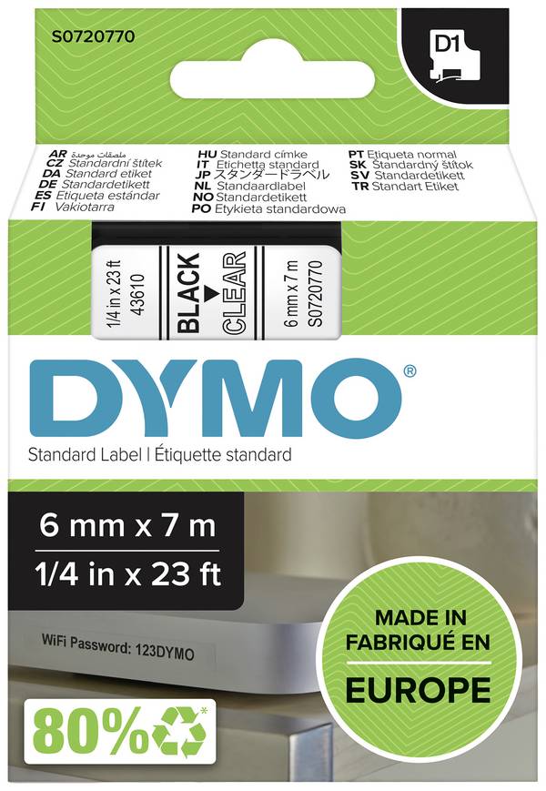 etikety DYMO D1 43610 polyester Barva pásky: transparentní Barva písma:černá 6 mm 7 m