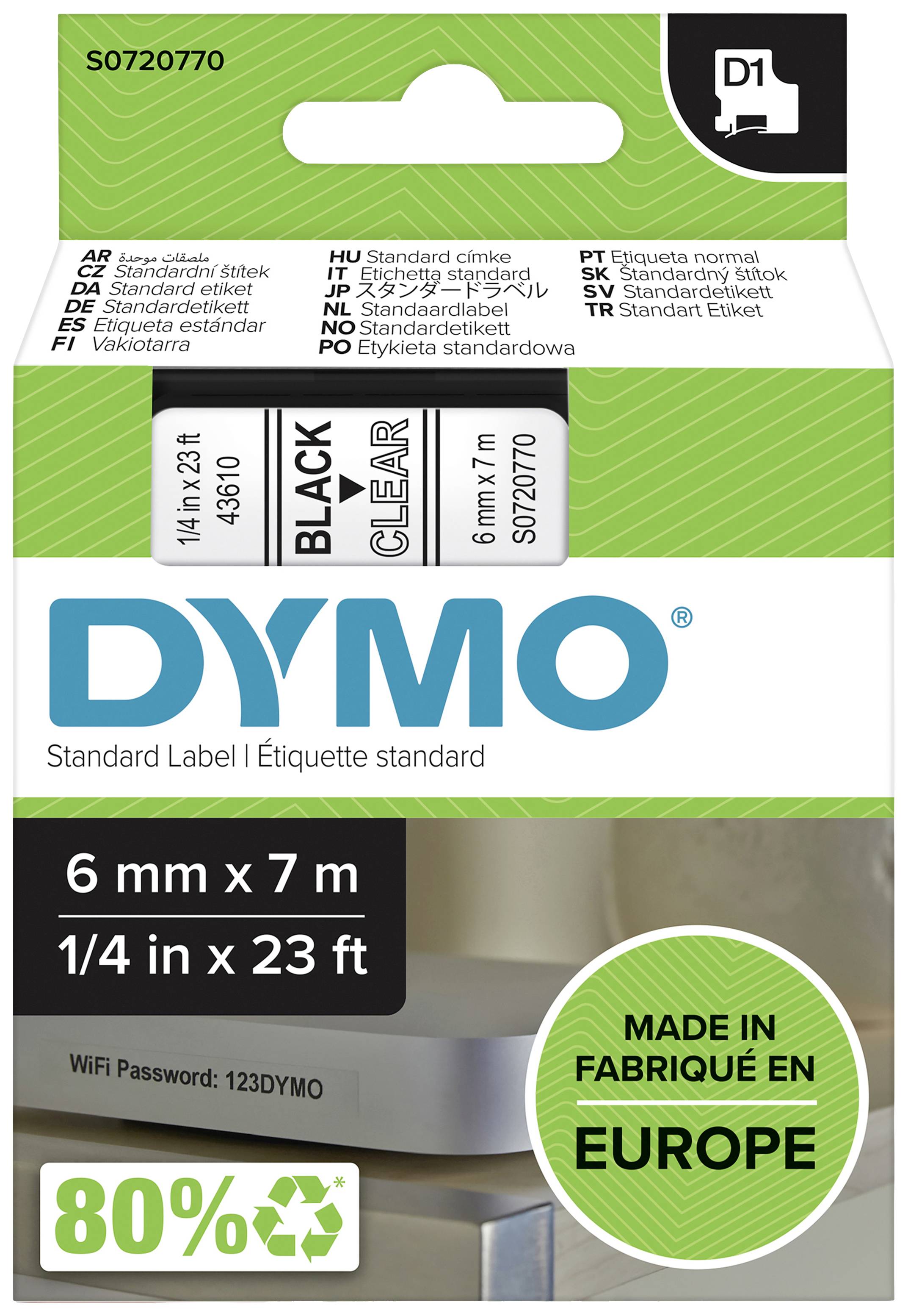 Štítek na obalu pro štítkovací pásku DYMO. Obsahuje jednu roli: černá/průhledná, 6 mm x 7 m. WiFi heslo: '123DYMO'. Vyrobeno v Evropě.