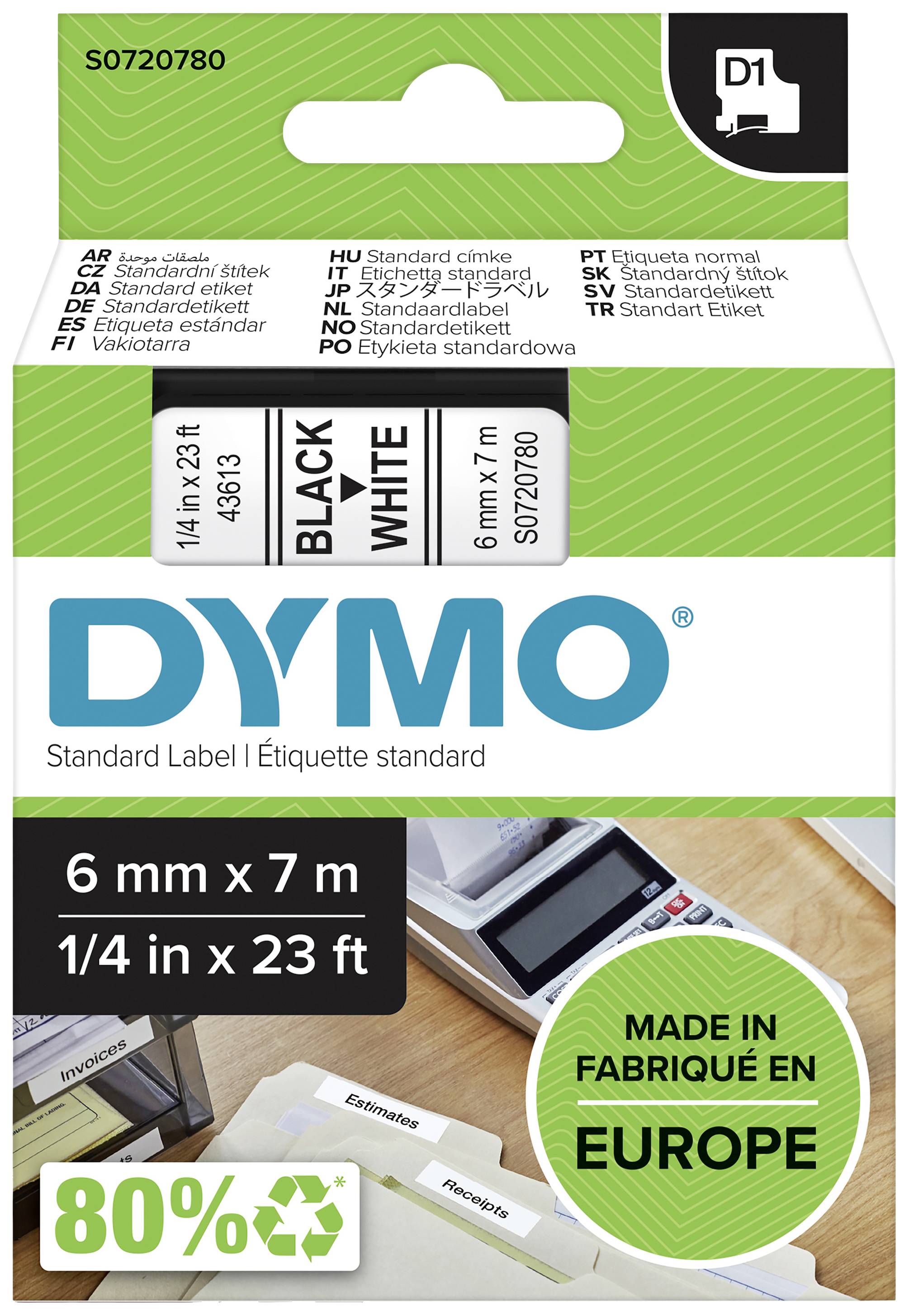 'DYMO Standardní štítek' balení, 6 mm x 7 m, černá na bílé. Obsahuje 80% recyklovaného materiálu. Vyrobeno v Evropě.