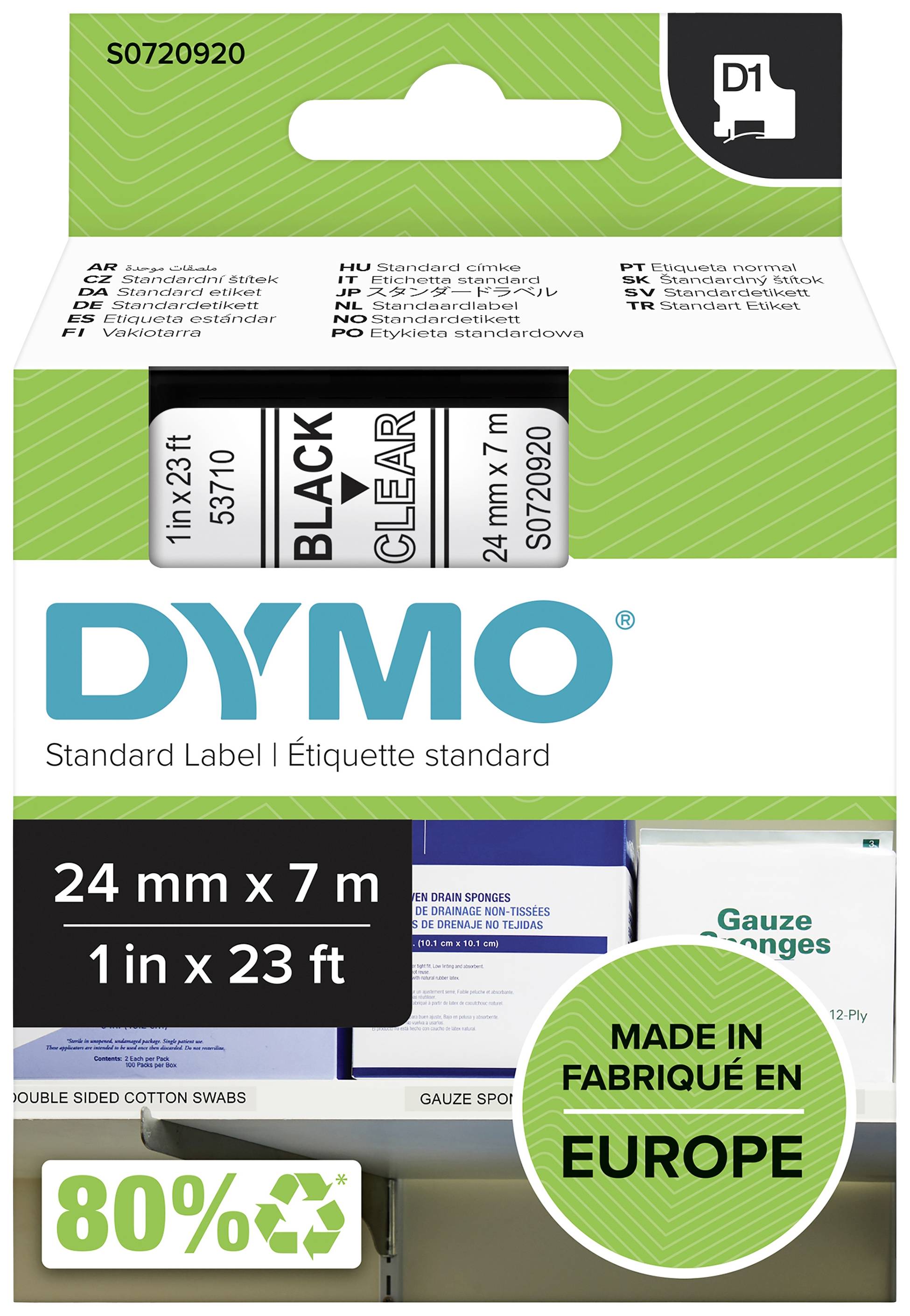 DYMO etikety v balení s nápisem 'Standardní štítek'. Rozměry: 24 mm x 7 m. Označeno jako vyrobeno v Evropě.