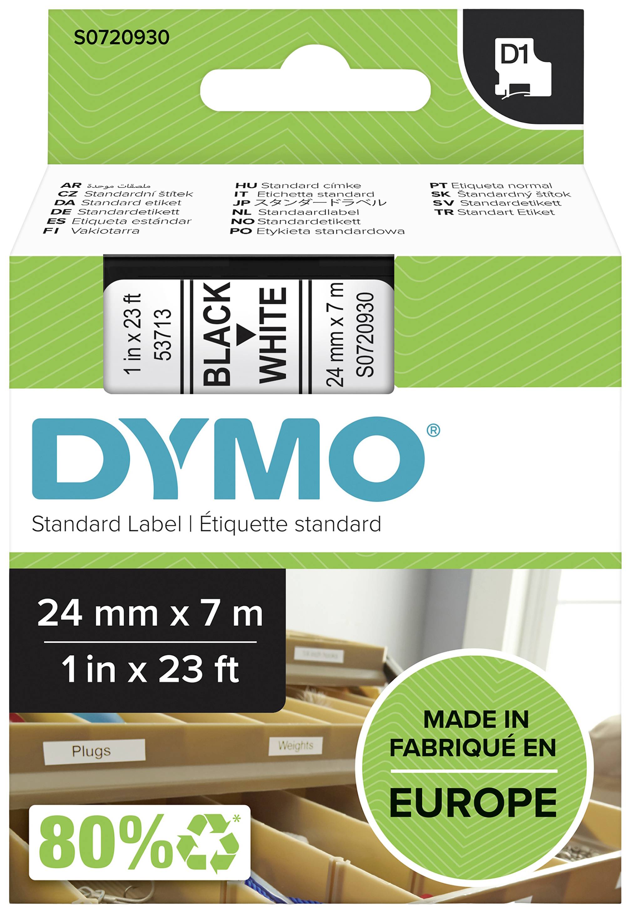 Obal 'DYMO Standard Label' zobrazuje černé štítky na bílém podkladu, 24 mm x 7 m. Údaj výrobce: 'Vyrobeno v Evropě', 80 % recyklovaného materiálu.