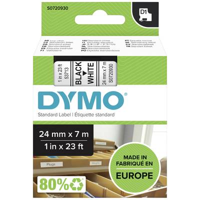 Obal 'DYMO Standard Label' zobrazuje černé štítky na bílém podkladu, 24 mm x 7 m. Údaj výrobce: 'Vyrobeno v Evropě', 80 % recyklovaného materiálu.
